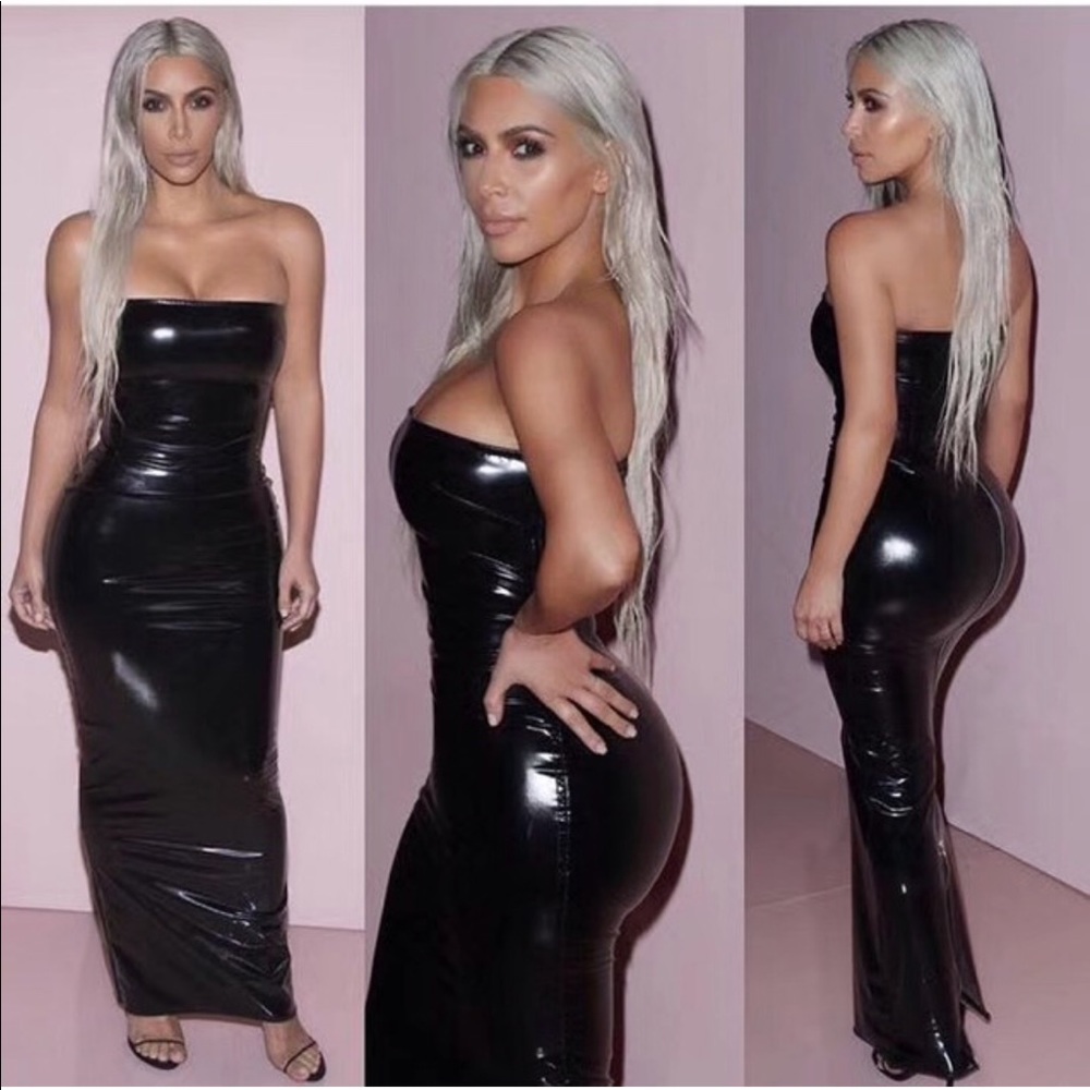 Black strapless latex dress